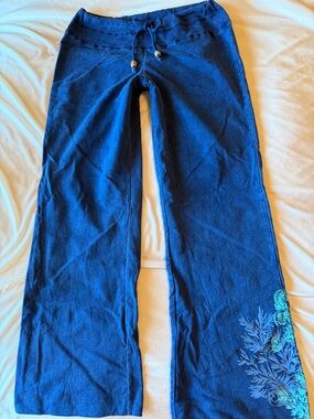 Sundance Blue Drawstring Wide-Leg jersey pant, Embroidered Detail